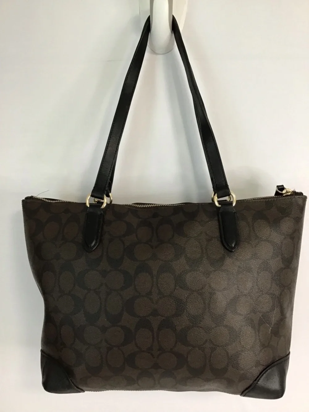 Coach Brown Signature Canvas Shoulder Tote with Black Straps